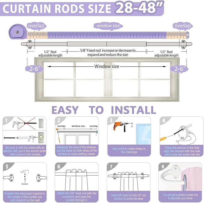 TVWOO Wrap Around Curtain Rods,White Curtain Rods 28 to 48 Inch,5/8 Inch Adjustable Blackout Curtain Rod Set with Bracket,Room Darkening Single Window Rod,Metal Hidden Curved Drapery Rods 28-48",White