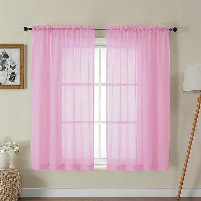 Gwine Sheer Curtains for Bedroom 54 inches Long - Light Filtering Voile Window Curtain Panels, Airy Transparent Rod Pocket Sheer Drapes for Living Room, Each 42Wx54L, 2 Panels, Pink