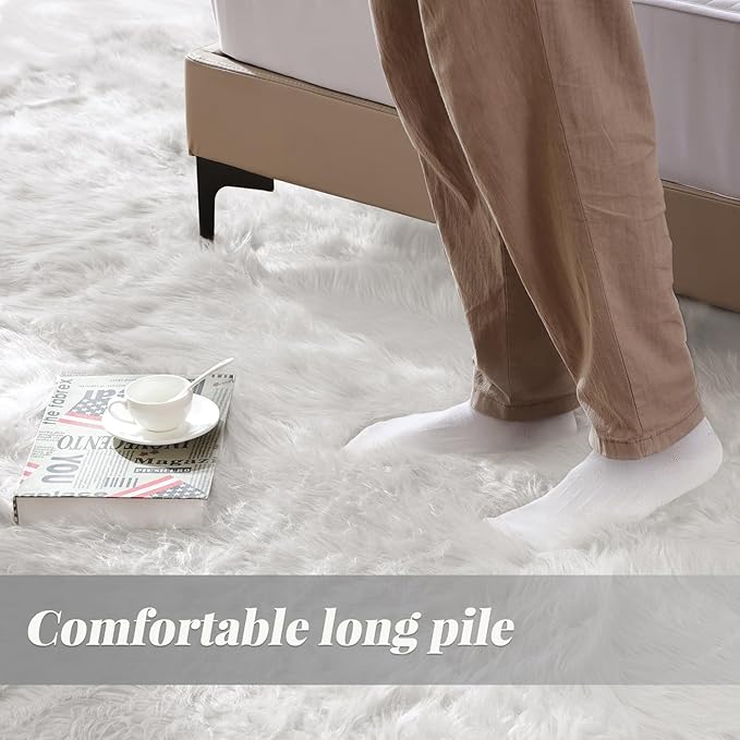 ORINOVA White Fluffy Faux Fur Rugs for Bedroom Sheepskin Machine Washable Shag Area Rugs for Living Room Small Circle Boho Round Rug 3ft