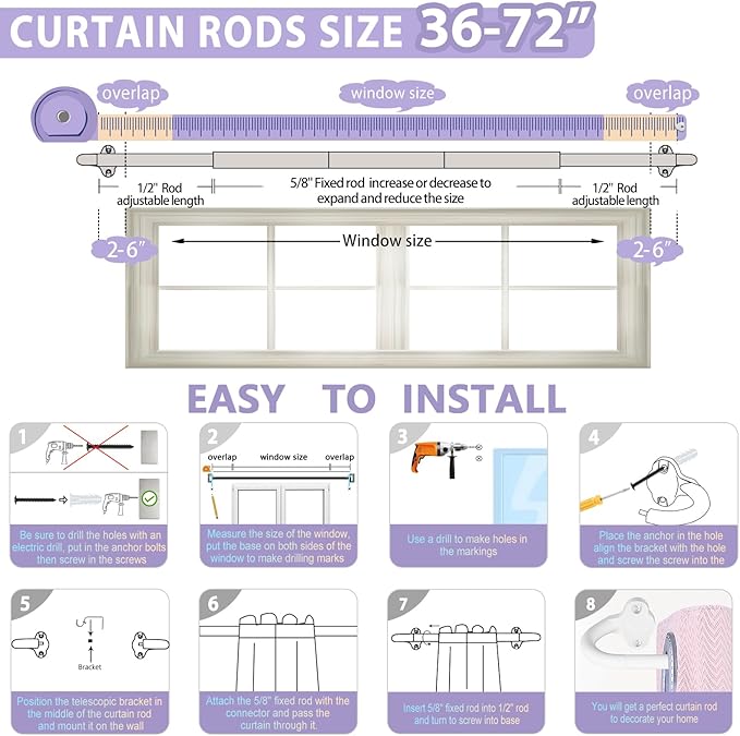TVWOO White Wrap Around Curtain Rods:5/8" Small Blackout Adjustable Window Curtain Rod for Bedroom Kitchen Apartment Renter Friendly,Room Darkening Curved Drapery Rods Easy Install,Pure White 36-72"