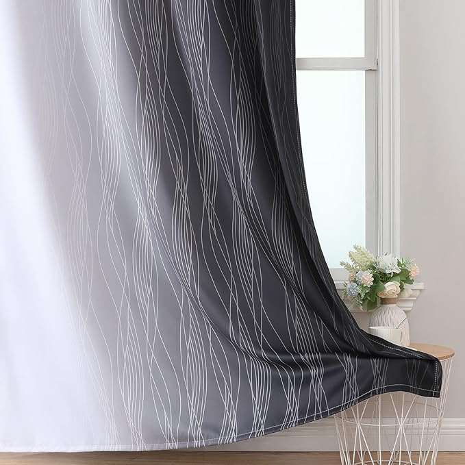 Estelar Textiler Ombre Blackout Curtains 102 Inches Long 2 Panels Set, Black and Greyish White Thermal Insulated Drapes for Bedroom, Full Room Darkening Grommet Curtains for Living Room, 52Wx102L