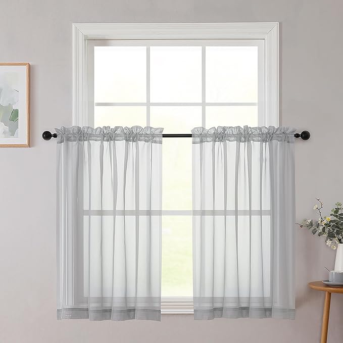 Cafe Curtains 36 Inch Length Tier 2 Pieces, Modern Soft Airy Sheer Kitchen Short Curtains for Small Window, Rod Pocket Small Curtain for Bathroom Basement, Light Grey, Each, 42"Wx36"L Inches
