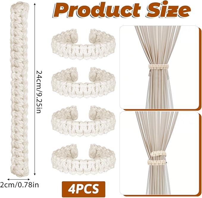Ptwola 4 Pack Braided Curtain Tiebacks Boho Elegant Rustic Curtain Holdbacks Tie Backs Holders Set Simple Light Weight Drapes Decorative Accessories Handmade for Home Office Bedroom Window
