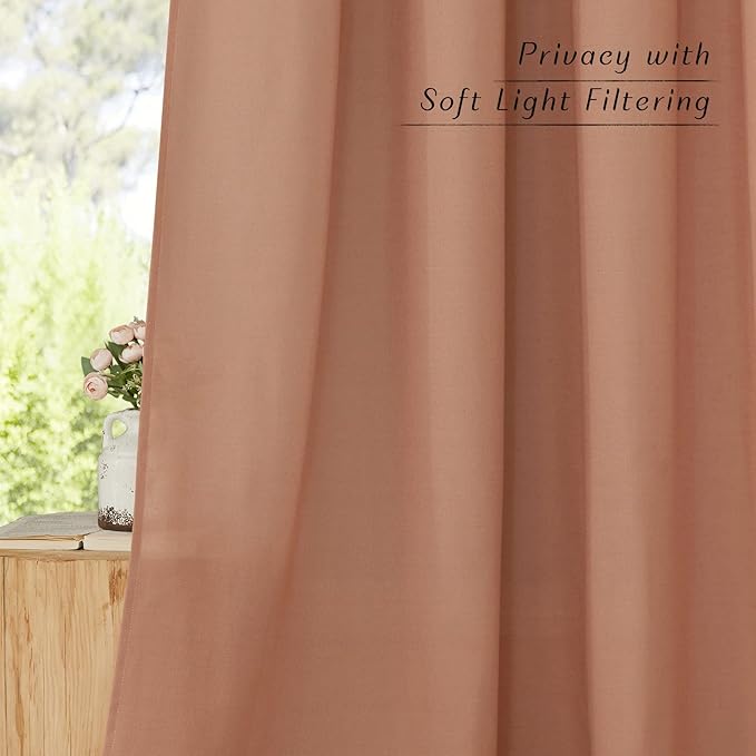 NICETOWN Thick Linen Blend Curtains Flax Textured for Bedroom, Rustic Grommet Semi Sheer Privacy Added Window Curtains & Drapes Light Filtering for Nursery, Terracotta, W42 x L63, Set of 2