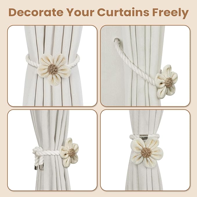 KLOGTSIND Magnetic Curtain Tiebacks, 2 Pack Flower Curtain Holdbacks for Draperies, Elegant Curtain Tie Backs for Boho Bedroom Decor, Toddler Girl Room Decor, Baby Nursery Decor