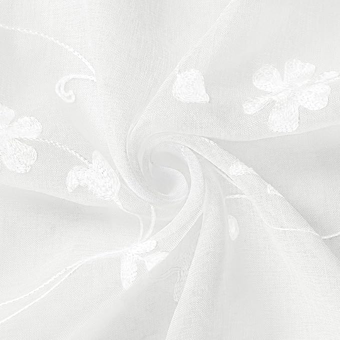 HOMEIDEAS White Sheer Curtains 84 Inches Long 2 Panels White Embroidered Floral Pattern Semi Sheer Window Curtains for Bedroom Living Room