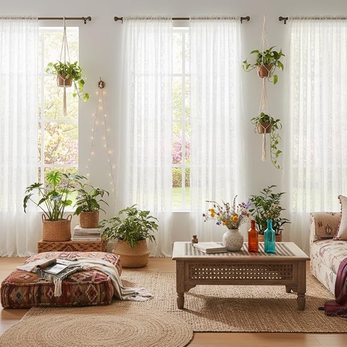WAZZIO White Boho Lace Curtains 84 Inch -Cute Vintage Victorian Sheer Panel Drape French Country Floral Pattern & Tassel Light Filtering Privacy for Bedroom Dining Living Room,2 Panels,W52 x 84L