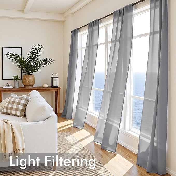 MIULEE Dark Grey Sheer Curtains 108 Inches Long, 4 Panels Set, Rod Pocket Light Filtering Window Drapes for Bedroom and Living Room, Elegant Airy Fabric, 42 x 108 Inches