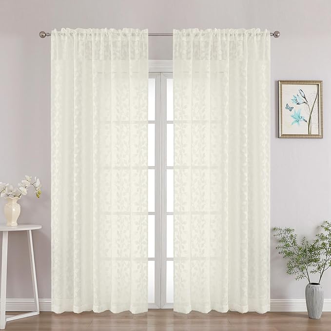 Chyhomenyc Ivory Sheer Curtains 84 Inch Length 2 Panels Set, Light Filtering Tufted Textured Soft Airy Rod Pocket Gentle Leaf Window Treatment Drapes for Bedroom Living Room, 52" Wx84 L, 2PCS