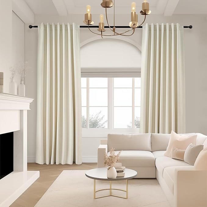 Topfinel Extra Long Total Blackout Linen Ceiling Curtains 108 Inches Long for Large Window Track System, Cream Pleated Cold Blocking Acoustic Heavy Ivory Track Tall Curtains 2 Panels 9 FT Beige