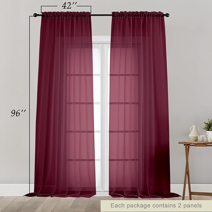 Burgundy Sheer Curtains for Bedroom Living Room 96 Inches Long 2 Panels, Modern Airy Soft Lightweight Rod Pocket Light Filtering Sheer Curtains Drapes, Burgundy, Each 42" Wx96 L Inch