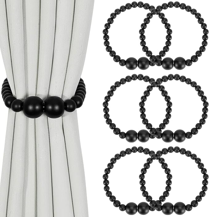 Magnetic Curtain Tiebacks, 6 Pack Curtain Holdbacks for Draperies, Elegant Wood Bead Tie Backs for Bedroom Decor, Boho Room Decor, Nursery Decor, Farmhouse Decor