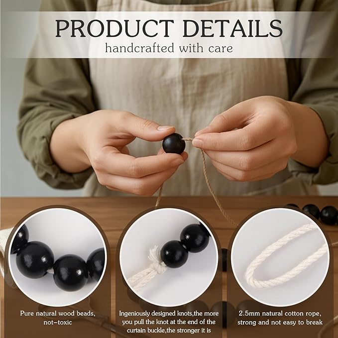Hion 2 Pcs Boho Curtain Tiebacks,Wood Beads Curtain Holdbacks,Outdoor Farmhouse Tie Backs for Curtains,Curtain Holders for Drapes Home Office Room Decor with Hooks(Black)
