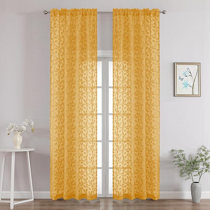 Chyhomenyc Gold Sheer Curtains 96 Inch Length 2 Panels Set, Light Filtering Tufted Textured Soft Airy Rod Pocket Gentle Leaf Window Treatment Drapes for Bedroom Living Room, 42" Wx96 L, 2PCS