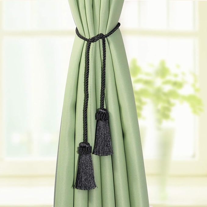 Fenghuangwu Curtain Tiebacks Handmade Decorative Curtain Holdbacks Rope with Tassel (Charcoal, 4P)