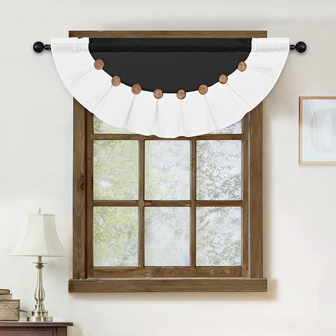 FRAMICS Farmhouse Valance Curtains, Boho Cotton Linen Kitchen Valance, Black Rustic Button Window Valances for Bedroom, Country Rod Pocket Valances for Windows, Semi-Circular, Black, 52 x 18 Inch