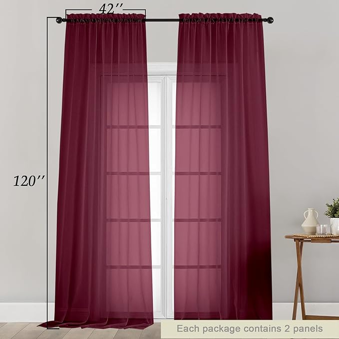 Extra Long Sheer Burgundy Curtains for Bedroom Living Room 120 Inches Long 2 Panels Set, Solid Soft Light Filtering Rod Pocket Sheer Window Curtains, Burgundy, Each 42" Wx120 L Inch