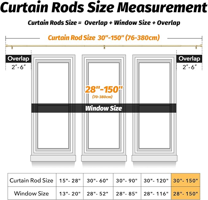 GEEBOBO Gold Curtain Rods for Windows 72 to 144 Inch, 1 Inch Adjustable Heavy Duty Easy Install Curtain Rods Set for Outdoor, Patio, Farmhouse, Bedroom, Living Room (Gold, 30"-150")
