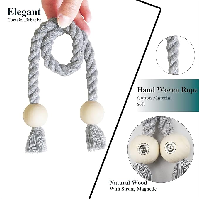 6 Pack Magnetic Curtain Tiebacks Cotton Hand Woven Tie Back Decorative Rope Holdbacks for Curtains Draperies No Tools Required, Light Grey