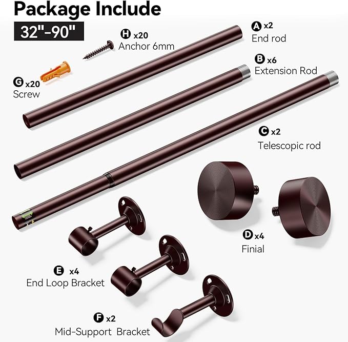 YaFex 2 Pack Heavy Duty Curtain Rods 32-90 Inch, 1 Inch Bronze Adjustable Curtain Rod for Windows, Long Window Treatment Rods Set with Aluminium Finials, Modern Design