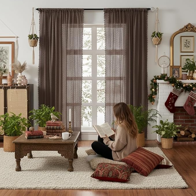 WAZZIO Boho Lace Curtains 84 Inches 2 Panel,Light Filtering Privacy Tassel & Geometry Crochet Semi Sheer Curtain Drapes for Bedroom Living Dining Room,Rod Pocket & Tassel,Chocolate Brown