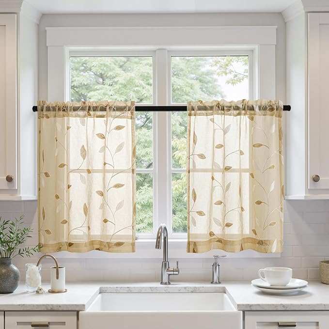 MIULEE Beige Sheer Kitchen Curtains 30x36 Inches Length 2 Panels Embroidered Leaf Patterned Rod Pocket Floral Semi Sheer Faux Linen Short Window Curtains Drapes Set for Bathroom Cafe