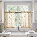 MIULEE Beige Sheer Curtains 2 Panels Embroidered Leaf Patterned Rod Pocket Floral Semi Sheer Faux Linen Short Window Curtains Drapes Set for Kitchen Bathroom Cafe, 30x30 Inches Length