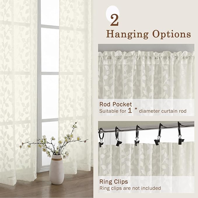 Chyhomenyc Ivory Sheer Curtains 96 Inch Length 2 Panels Set, Light Filtering Tufted Textured Soft Airy Rod Pocket Gentle Leaf Window Treatment Drapes for Bedroom Living Room, 52" Wx96 L, 2PCS