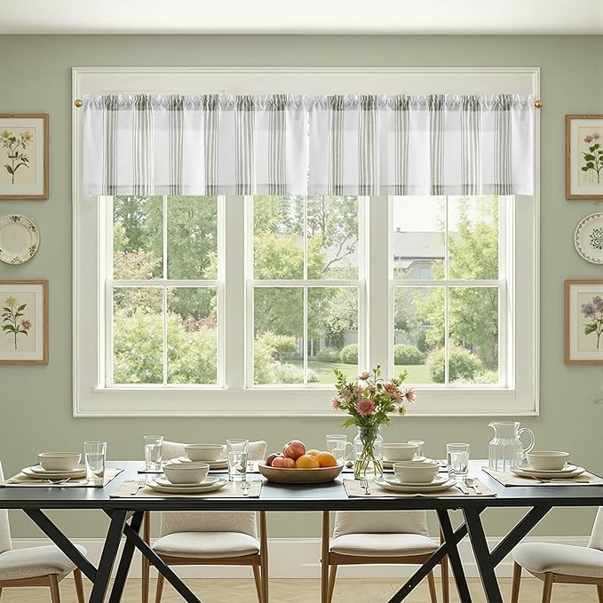 jinchan Striped Linen Valance Curtain 16 Inch Vertical Striped Valance for Kitchen Bathroom Light Filtering Window Treatment Rod Pocket Farmhouse Rustic Semi Sheer Short Window Curtain 1 Panel Green