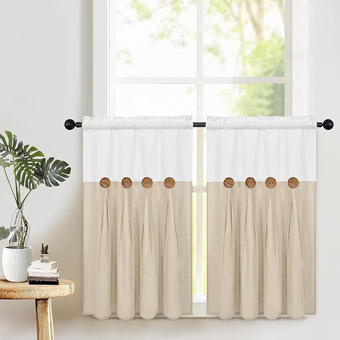 Boho Kitchen Curtains 36 Inch Length, Farmhouse Cotton Linen Tier Curtains, Rustic Button Short Curtain for Windows, Country Cafe Curtain, Rod Pocket Small Window Drapes, White and Linen, 26x36