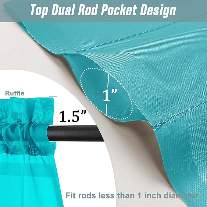 Valances for Windows 14 inch Length 2 Panels, Small Voile Sheer Curtains for Bathroom, Soft Fabric Lightweight Light Filtering Kitchen Curtains, Dual Rod Pocket, Turquoise, 2x42Wx14L Inches