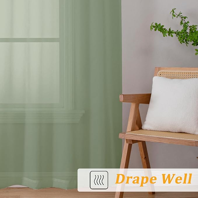 Gwine Sage Green Sheer Curtains for Bedroom 54 inches Long 2 Panels, Light Filtering Voile Rod Pocket Curtains, Airy Transparent Sheer Drapes for Living Room, Each 42" Wx54 L