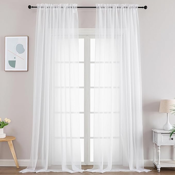 Gwine White Sheer Curtains 108 Inches Long for Living Room 2 Panels Set, Light Filtering Extra Long White Sheer Curtains, Filmy Voile Rod Pocket Window Drapes, 59W x 108L, 2 PCS, 9ft