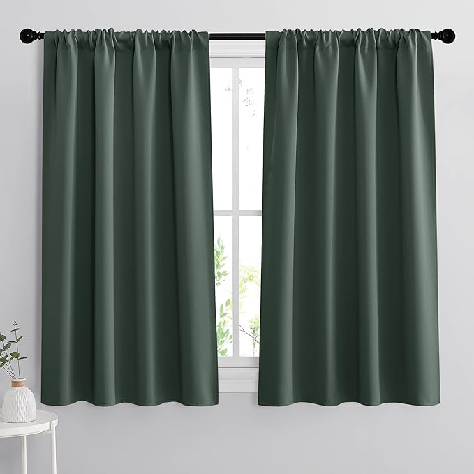 RYB HOME Short Blackout Curtains for Bedroom, Room Darkening Insulated Summer Heat Light UV Blocking Energy Saving Drapes for Nursery, Width 42 by Length 48, Dark Green, Set of 2