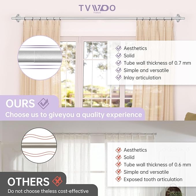 TVWOO Silver Wrap Around Curtain Rods:5/8 In Blackout Adjustable Window Curtain Rod for Bedroom Kitchen Apartment Renter Friendly,Room Darkening Curved Drapery Rods Easy Install,Antique Silver 28-60"