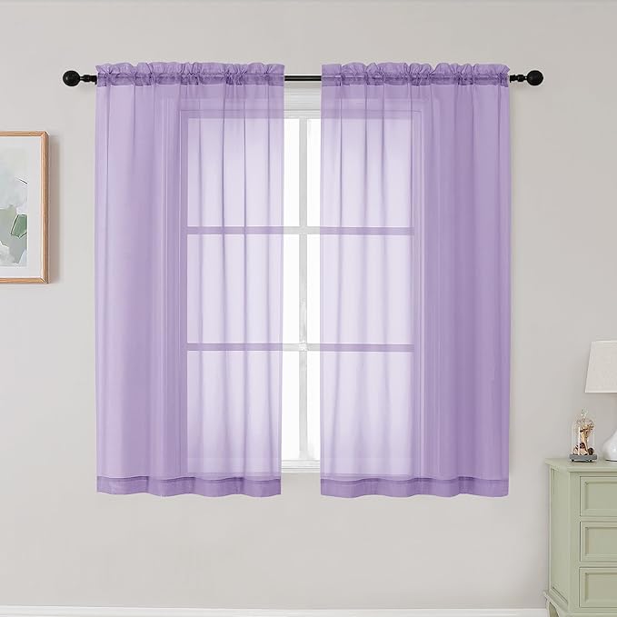 Lavender Sheer Curtains for Bedroom Living Room 45 Inch Length 2 Panels, Soft Airy Light Filtering Small Kitchen Window Curtains, Rod Pocket Short Curtain Drapes, Lavender, 42"Wx45"L Inches