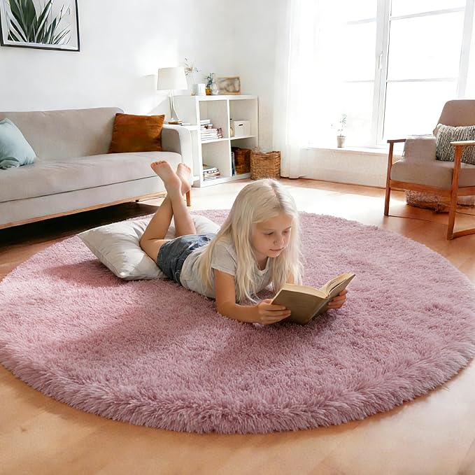 yulidayang Fluffy Round Area Rugs for Bedroom,Blush 4'X4'Shag Circle Area Rugs for Living Room,Non Slip Fuzzy Plush Rug for Kids Room Boys Girls Room and Dorm