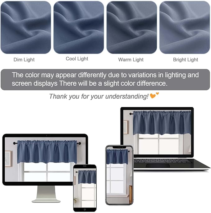 Chyhomenyc Denim Blue Valances for Window, Room Darkening Short Curtains for Kitchen Bedroom Living Room, Rod Pocket Top Small Window Treatment Valance RV Bunk Panels, 40Wx14L, 2 Pieces