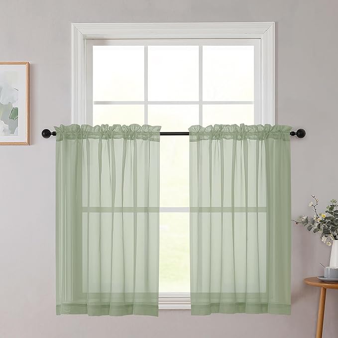 Cafe Curtains 36 Inch Length Tier 2 Pieces, Modern Soft Airy Sheer Kitchen Short Curtains for Small Window, Rod Pocket Small Curtain for Bathroom Basement, Sage Green, Each, 42"Wx36"L Inches