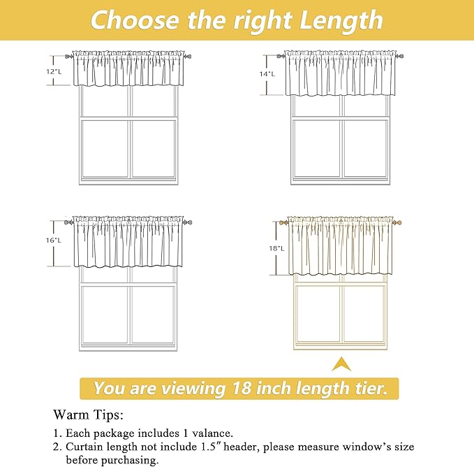 OWENIE Linen Valances for Windows 1 Pcs 18 Inch Length, Light Filtering Textured Short Small Valance Curtains for Bathroom Basement Living Room Bedroom, Half Window Curtains Over Sink, 52" Wx18 L