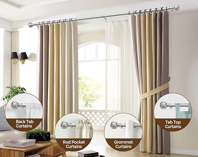 KAMANINA 2 Pack Curtain Rods for Windows 48 to 84 Inch, Antique Silver Heavy Duty Curtain Rod Adjustable, 7/8 Inch Single Decorative Drapery Rods 32 to 86 Inch(2.6-7.1Ft), Netted Texture Finials