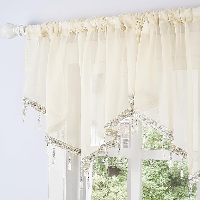 Molaxhome Swag Curtain 51 inch Length Rod Pocket Scalloped Curtain Valance Sheer Lace Panels with Hanging Crystal Beads for Kitchen Bedroom Window Treatments Drape Decor 1pc (Beige, 51Wx23L)