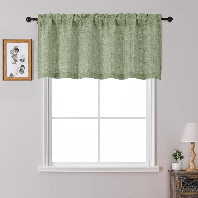 OWENIE Sage Green Valances for Windows 1 Pcs 22 Inch Length, Light Filtering Textured Short Small Valance Curtains for Bathroom Basement Living Room, Half Window Curtains Over Sink, 60" W by 22" L