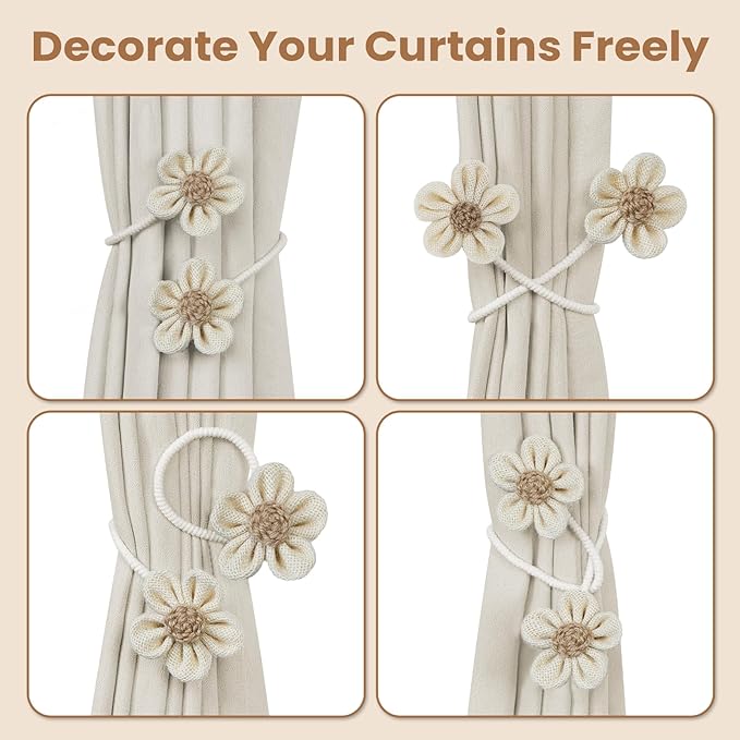 KLOGTSIND Flower Curtain Tiebacks, 4 Pack Curtain Ties Elegant DIY Curtain Holdbacks, Decorative Window Drape Twist Tie Backs for Boho Bedroom Decor, Nursery Decor, Farmhouse Decor