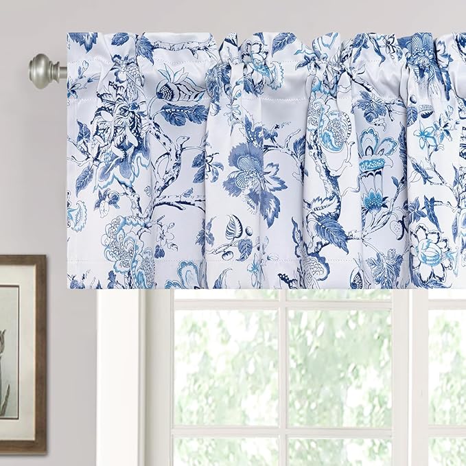 H.VERSAILTEX Blackout Curtain Valances for Kitchen Window/Living Room/Bathroom Privacy Added Rod Pocket Home Decoration Winow Valance, 52" W x 18" L, Flroal in Blue and White