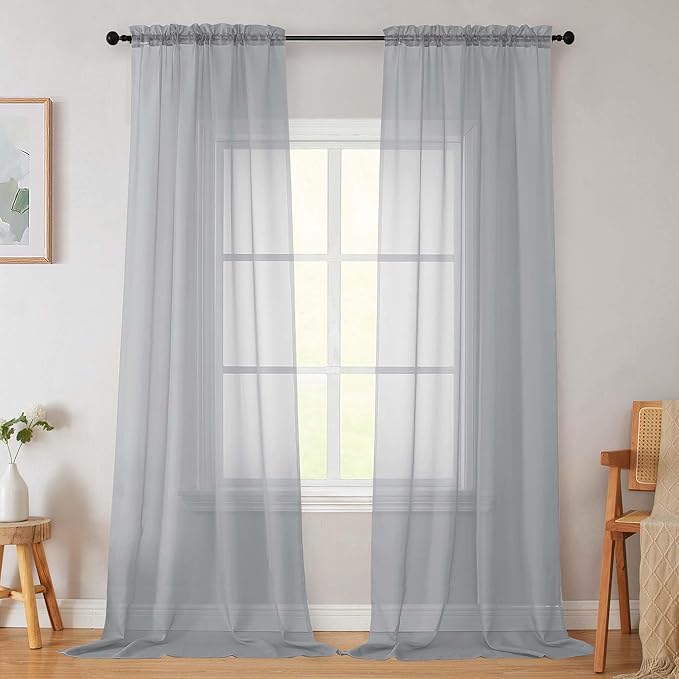 Light Grey Sheer Curtains for Bedroom Living Room 96 Inches Long 2 Panels, Modern Airy Soft Lightweight Rod Pocket Light Filtering Sheer Curtains Drapes, Light Grey, Each 42" Wx96 L Inch