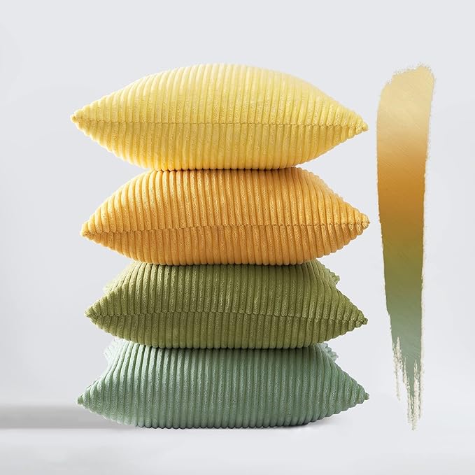 Topfinel 22x22 Decorative Large Throw Pillows Covers Set of 4,Yellow Green Mix Design Corduroy Bed Cushion Case,Couch Sofa Living Room Euro Shams No Insert,Summer Home Decor