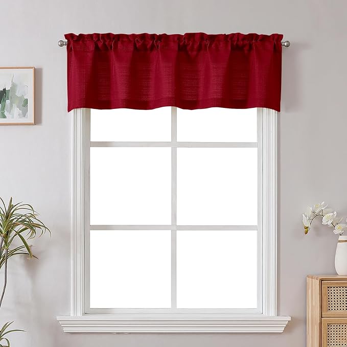 Chyhomenyc Red Valance for Windows, Light Filtering Faux Linen Textured Small Short Valance for Kitchen Bathroom Laundry Basement, Solid Rod Pocket Top Window Curtain, 60Wx14L inch, 1 Piece