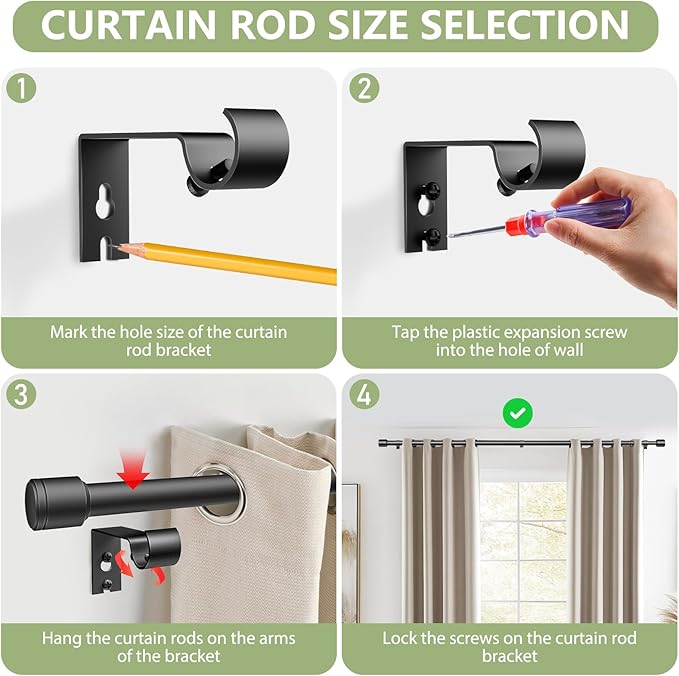 5/8” Diameter Curtain Rods 30-120 Inch, for 30-114 Inch Windows, Adjustable Splicing Black Curtain Rods for Windows with Brackets, Window Rod Long Small Curtains Rod, 2 Pack