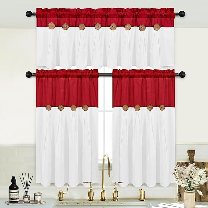 FRAMICS Farmhosue Kitchen Curtains 36 Inch Length, Rustic Cotton Linen Tier Curtains, Boho Button Short Curtain for Windows, Rod Pocket Small Window Curtain, Red and White, 26x36